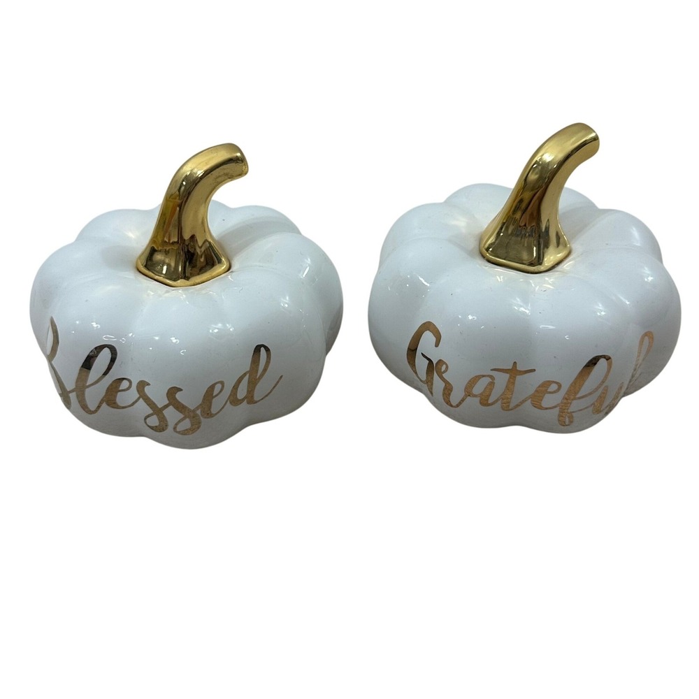 Robert Stanley White Gold Ceramic Pumpkin Set Blessed Grateful Fall Decor 2pc